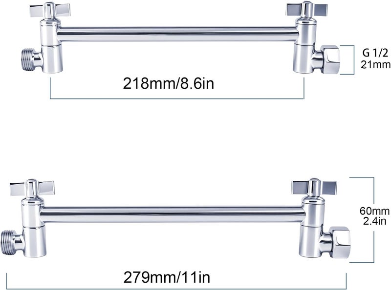 RLKDKJ Heavy Duty Adjustable Shower Arm, 11" Brass Extension with Gear Lock Teeth & Swivel Nut, Strong Load Support, No Sagging, Keeps Shower Head Straight, Leak-Free, G1/2 Universal (Chrome) - Image 2